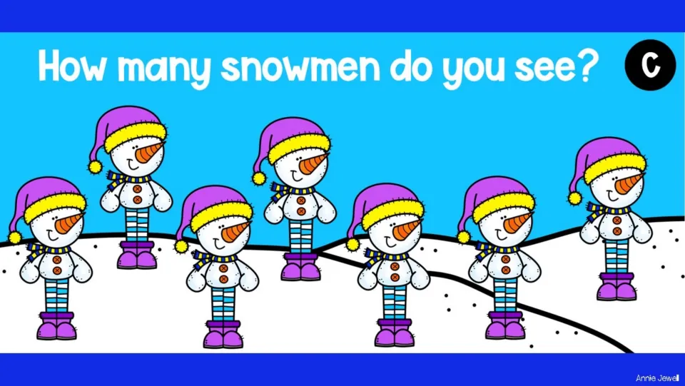Counting task slide C asks 'How many snowmen do you see?' and shows seven snowmen for students to count
