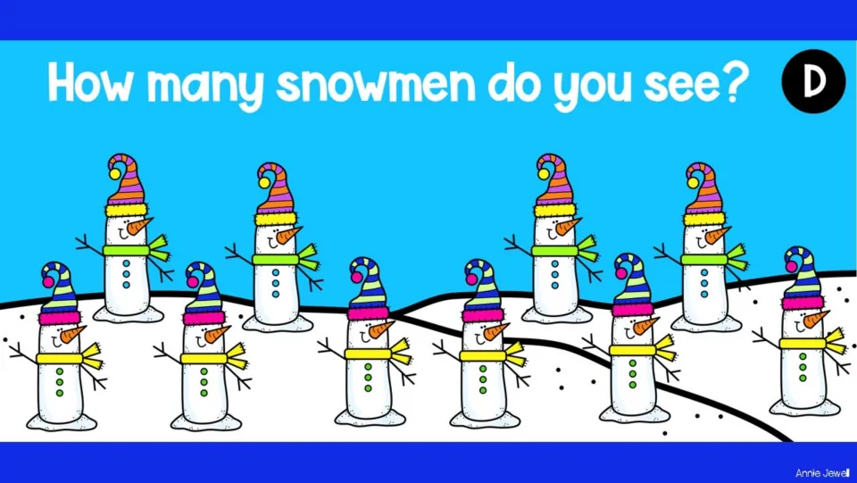 Counting task slide D asks 'How many snowmen do you see?' and shows ten snowmen for students to count