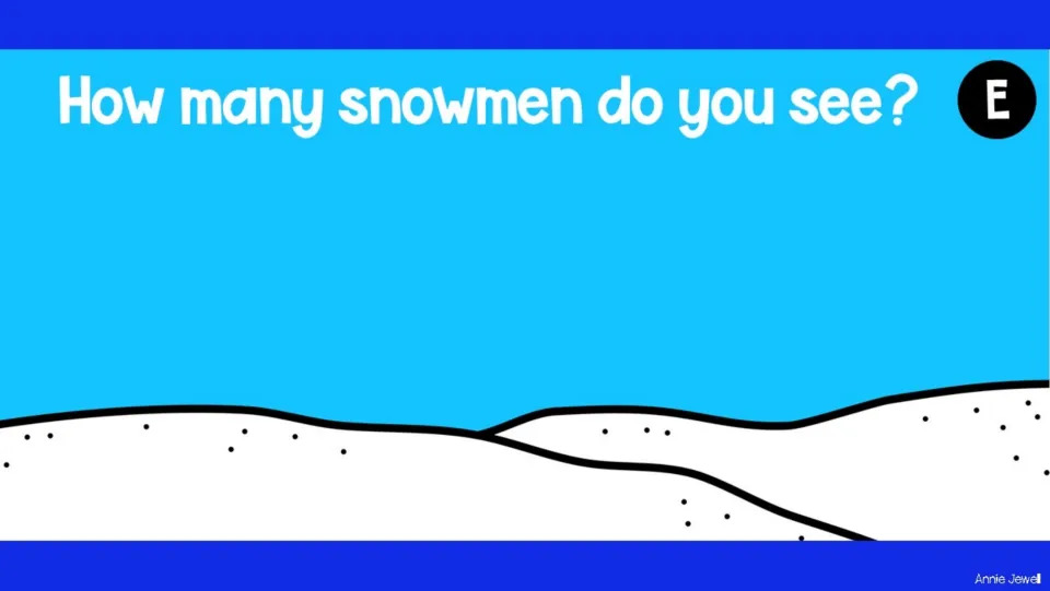 Counting task slide E asks 'How many snowmen do you see?' and shows no snowmen, representing a set of zero