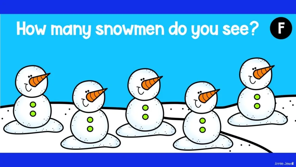Counting task slide F asks 'How many snowmen do you see?' and shows five snowmen for students to count