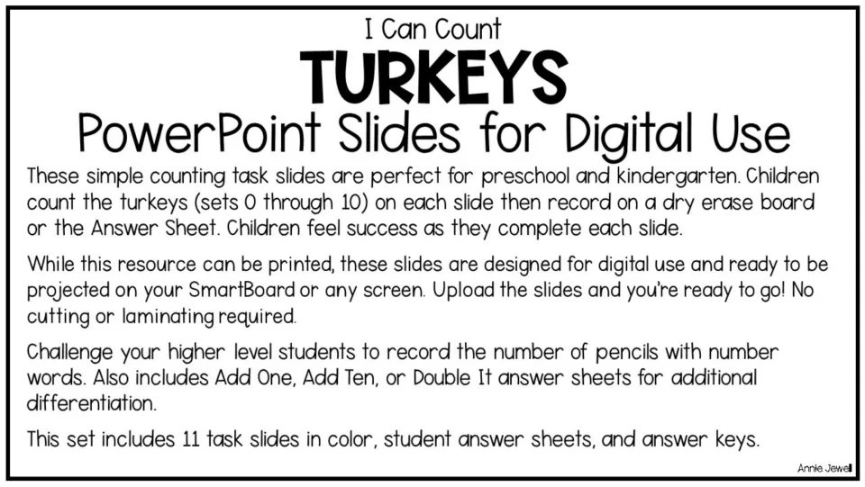 Teacher directions for 11 turkey-counting slides covering sets of 0–10, with answer sheets and answer keys