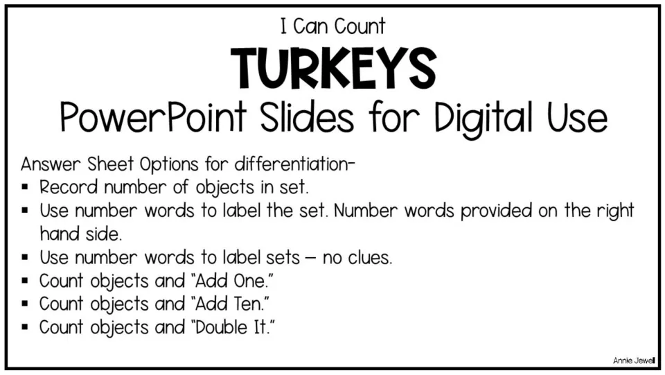 Answer sheet options for turkey-counting slides: record numbers, write number words, add one, add ten, or double