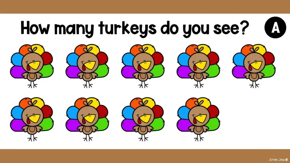 Turkey-counting task slide A asks 'How many turkeys do you see?' and shows nine turkeys for students to count