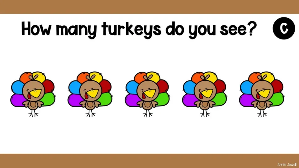 Turkey-counting task slide C asks 'How many turkeys do you see?' and shows five turkeys for students to count