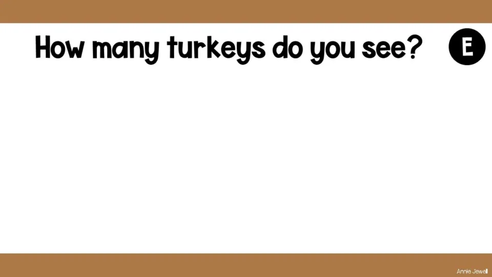 Turkey-counting task slide E asks 'How many turkeys do you see?' and shows no turkeys, representing zero