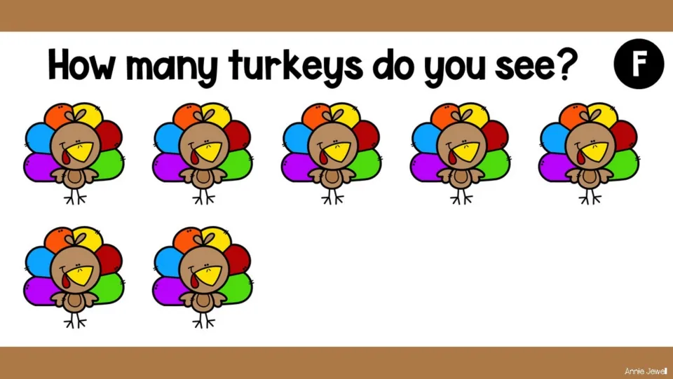 Turkey-counting task slide F asks 'How many turkeys do you see?' and shows seven turkeys for students to count