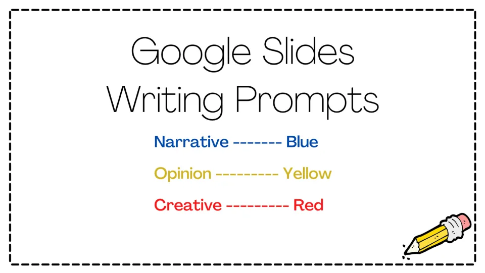 Writing style guide for the prompt slides identifies narrative as blue, opinion as yellow, and creative as red