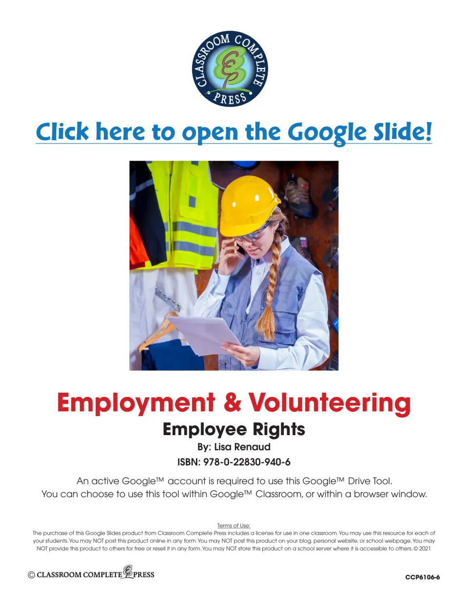 Employment & Volunteering title page by Lisa Renaud with a link to open the Google Slide and one-classroom terms of use