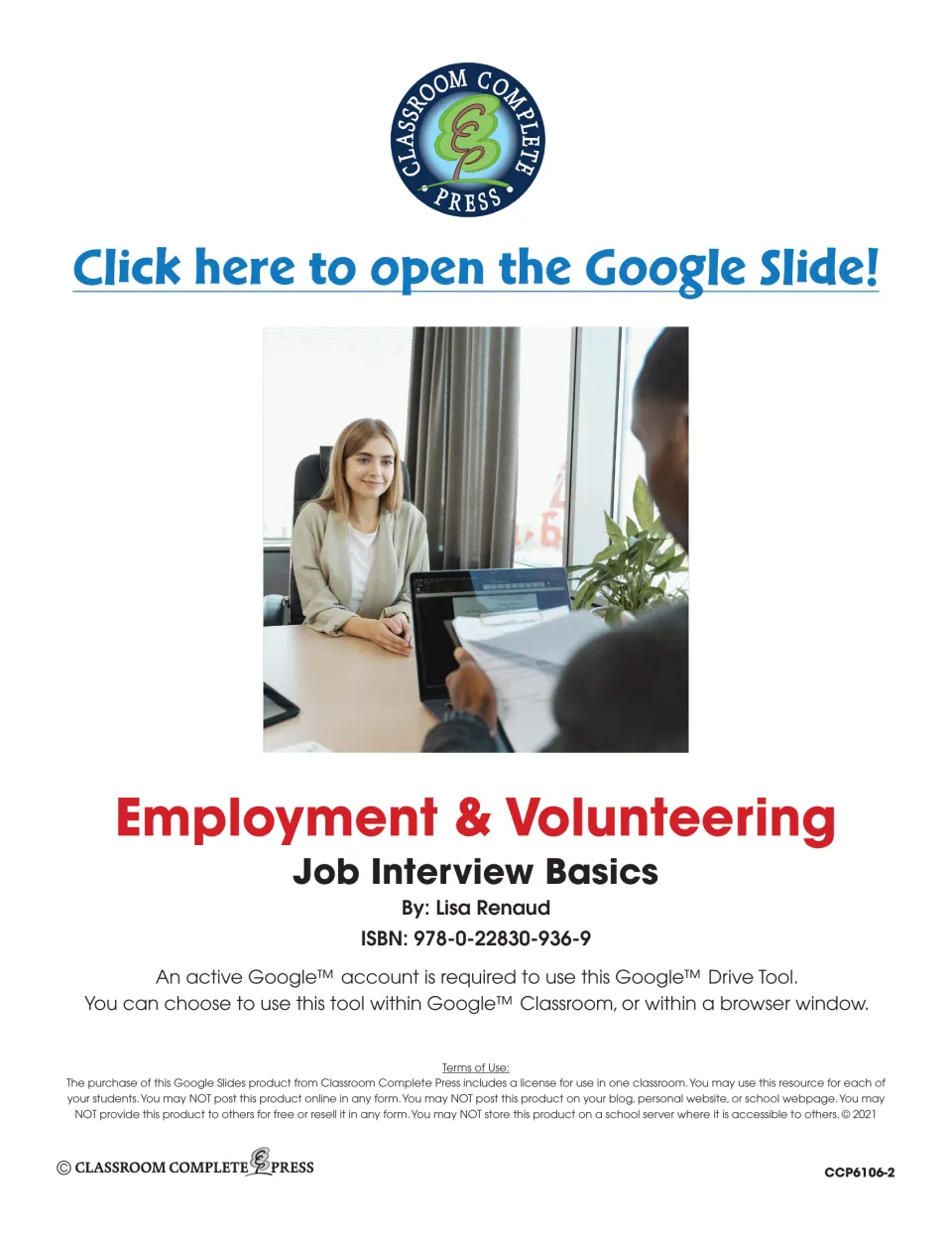 Employment & Volunteering title page by Lisa Renaud with a link to open the Google Slide, ISBN and terms of use