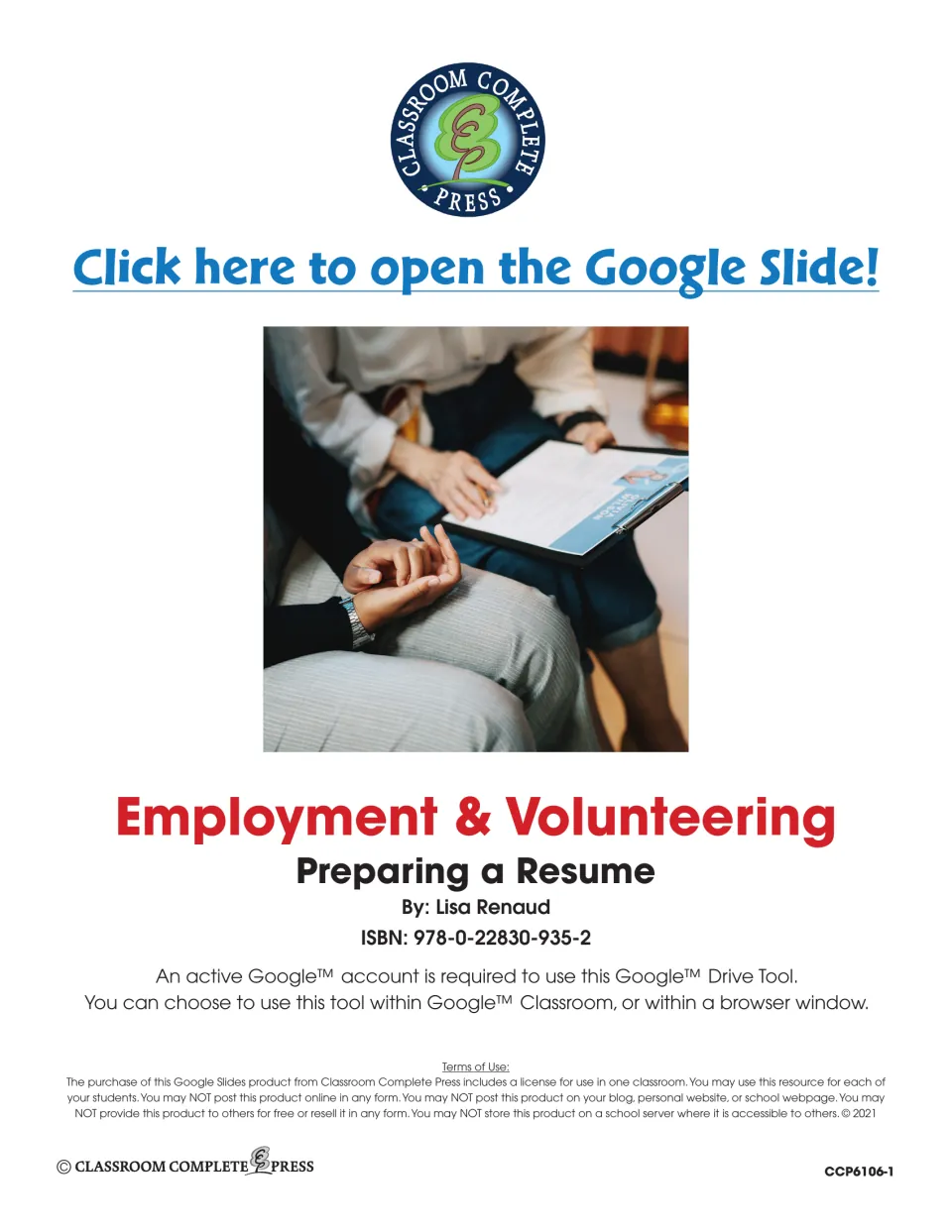 Employment & Volunteering title page by Lisa Renaud with a link to open the Google Slide, ISBN and terms of use notice