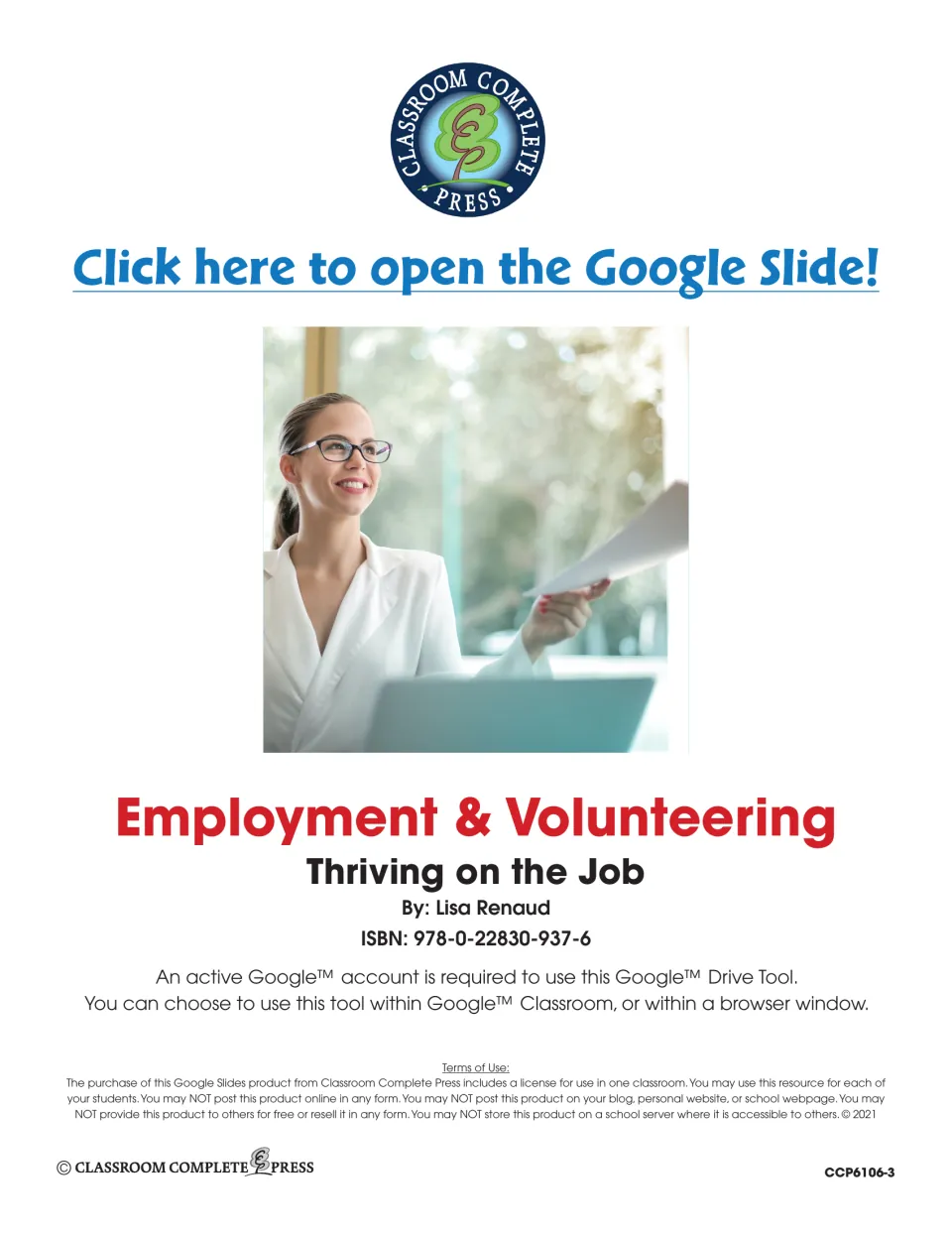 Employment & Volunteering title page by Lisa Renaud with a link to open the Google Slide and one-classroom terms of use