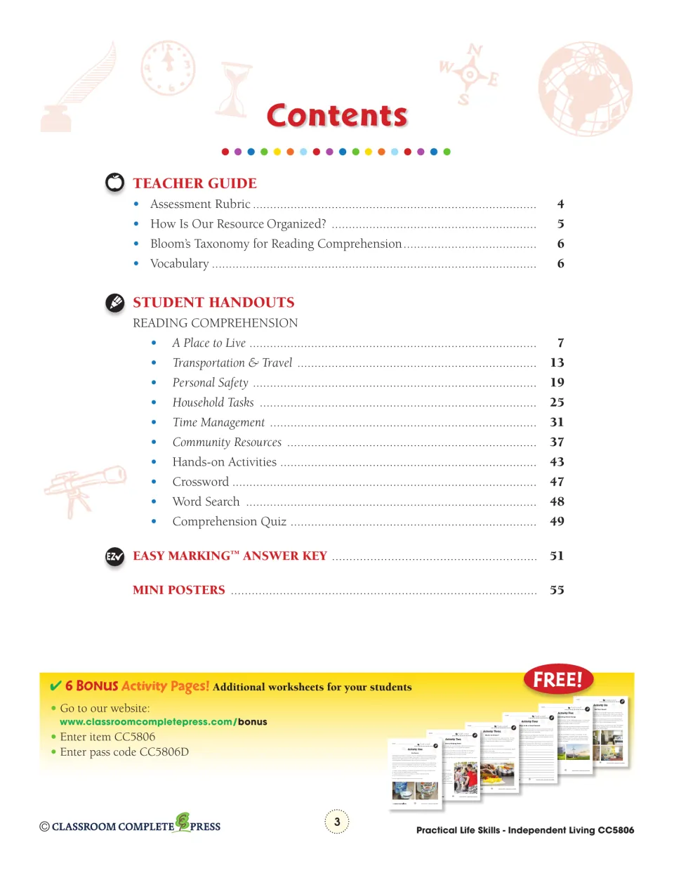 Table of contents: teacher guide, six reading topics, hands-on activities, puzzles, quiz, answer key, mini posters