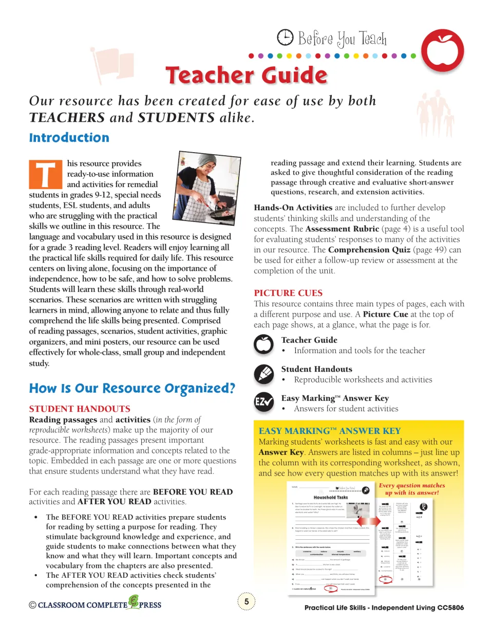 Teacher guide intro: grade 3 reading level, Before and After You Read activities, picture cues and the answer key