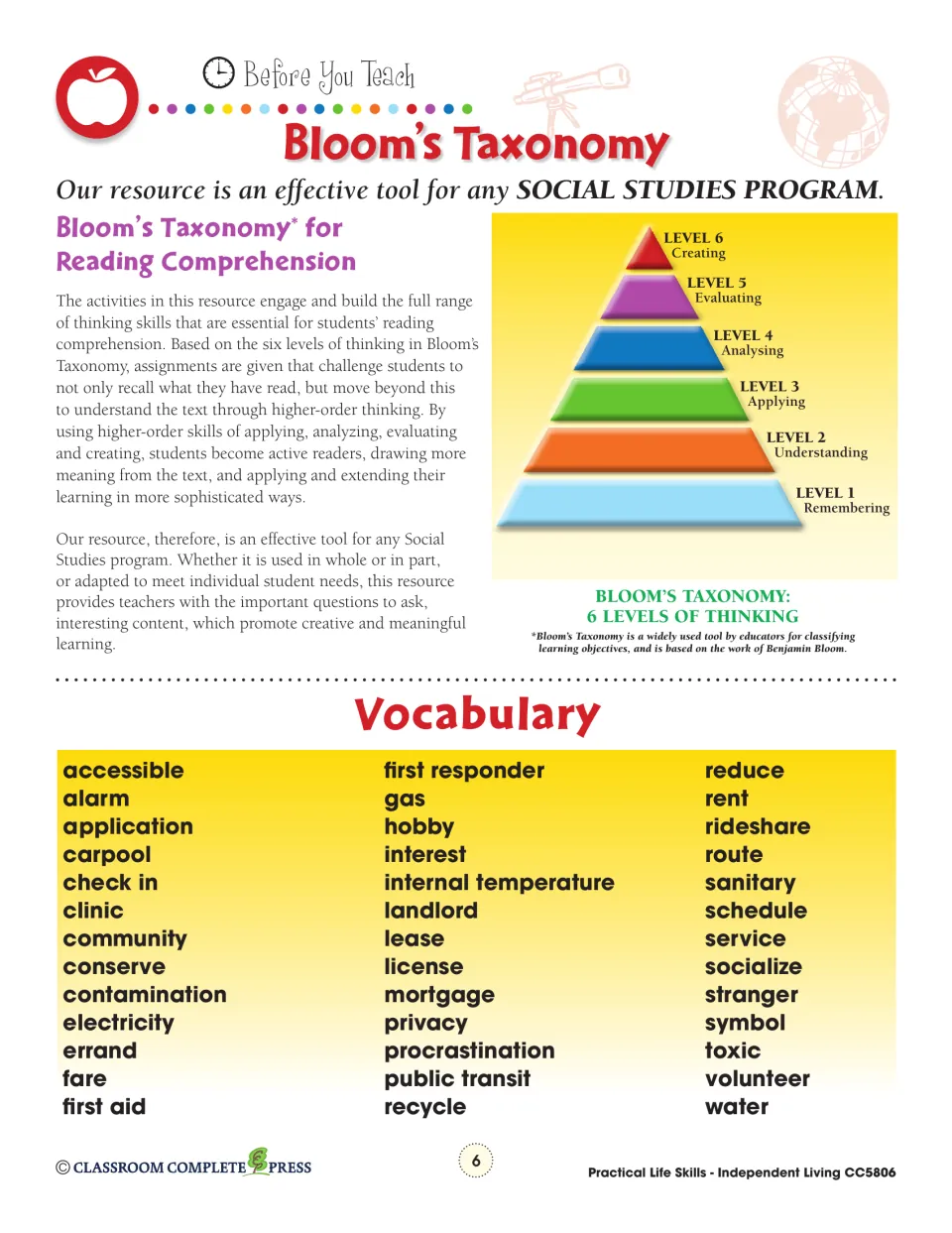 Bloom's Taxonomy pyramid and the 39-word vocabulary list: accessible, landlord, lease, mortgage and 35 more
