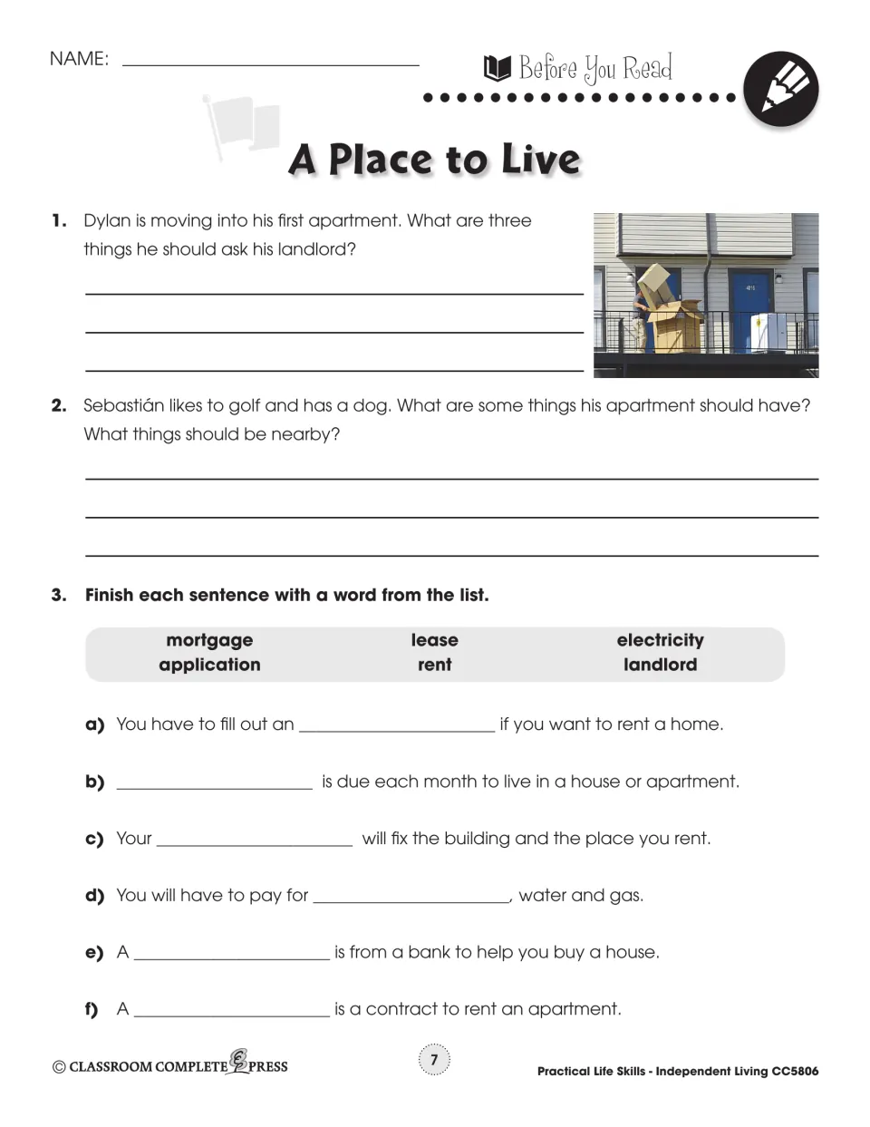 A Place to Live Before You Read: apartment questions and fill-ins with mortgage, lease, rent, landlord and more