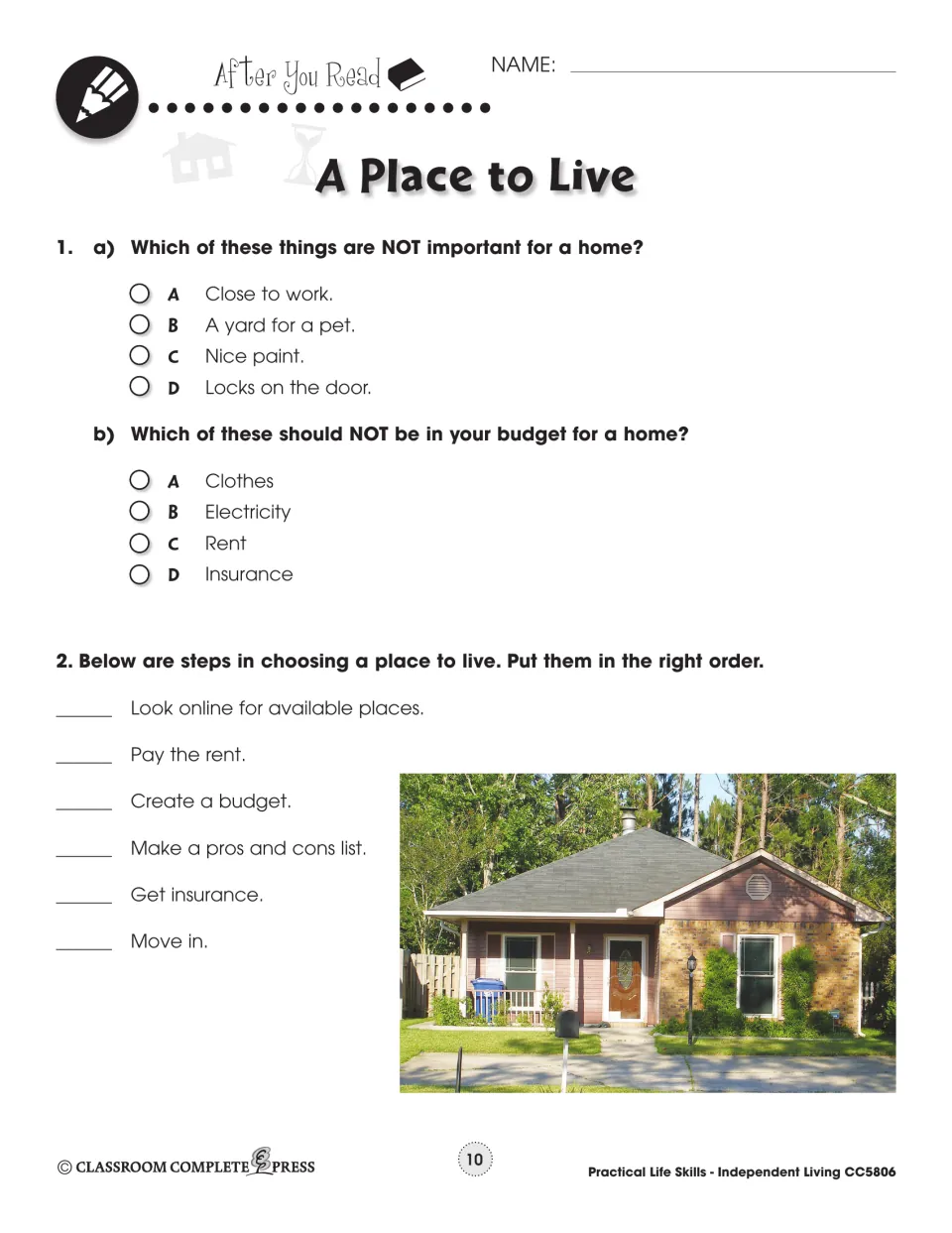 After You Read for A Place to Live: multiple choice on homes and budgets, plus six steps to put in order