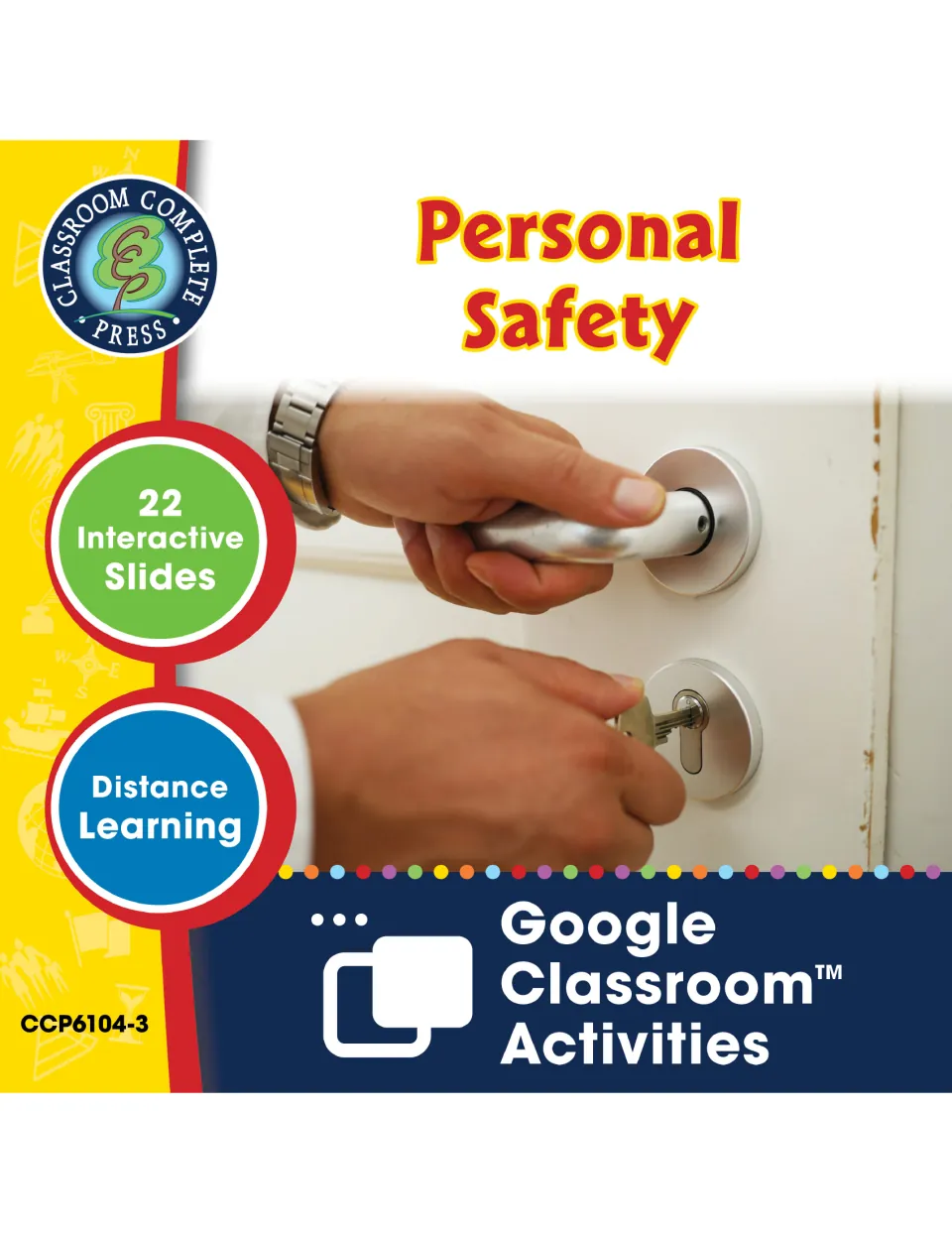 Personal Safety cover: 22 interactive Google Classroom slides for distance learning, shown with hands locking a door