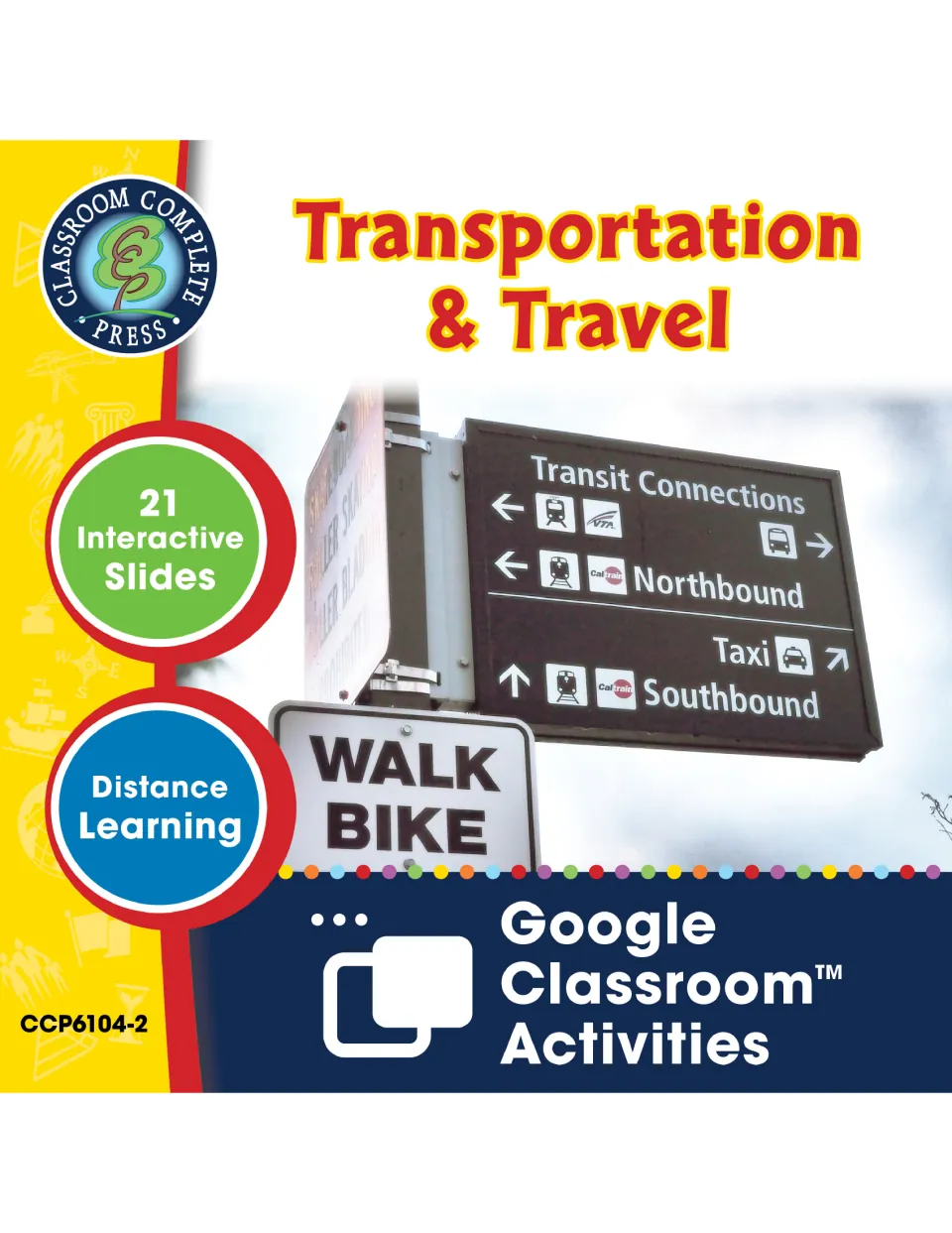Transportation & Travel cover: 21 interactive Google Classroom slides for distance learning, with transit and taxi signs