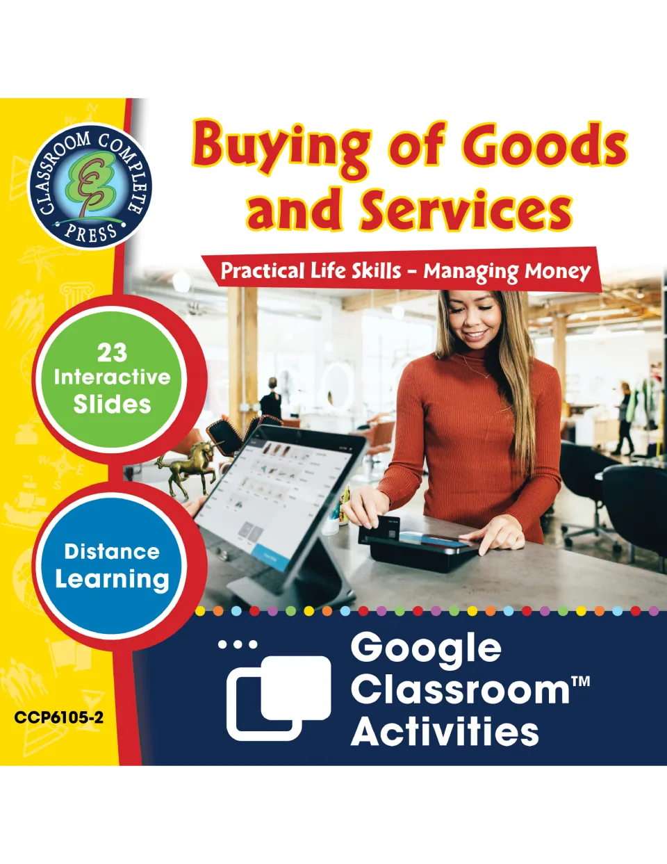 Buying of Goods and Services cover: 23 interactive Google Classroom slides, shopper paying by card at a store tablet