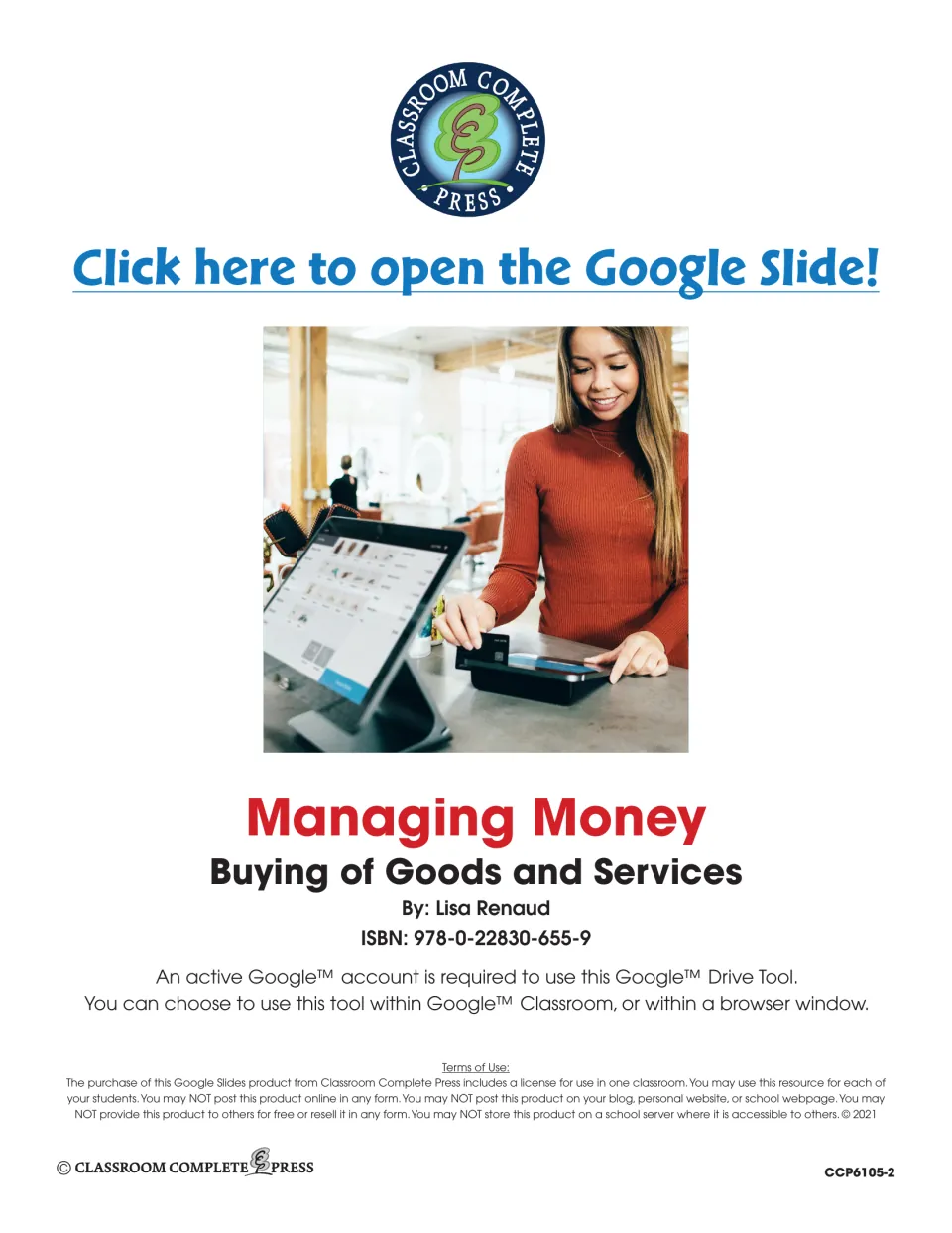 Managing Money title page by Lisa Renaud with a link to open the Google Slide, Google account note and terms of use