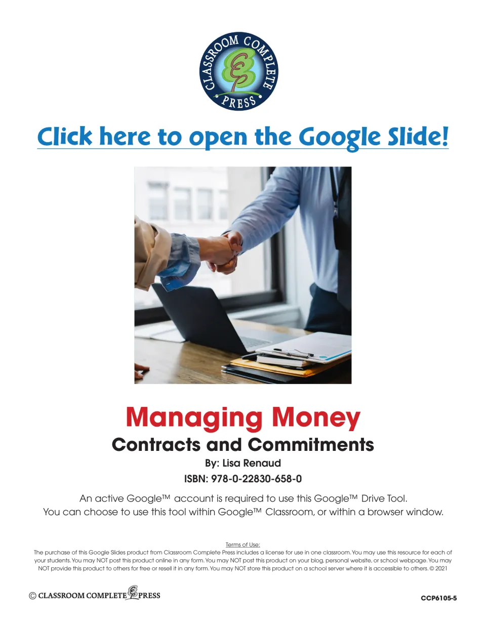 Managing Money: Contracts and Commitments title page with a link to open the Google Slide, author, ISBN and terms of use