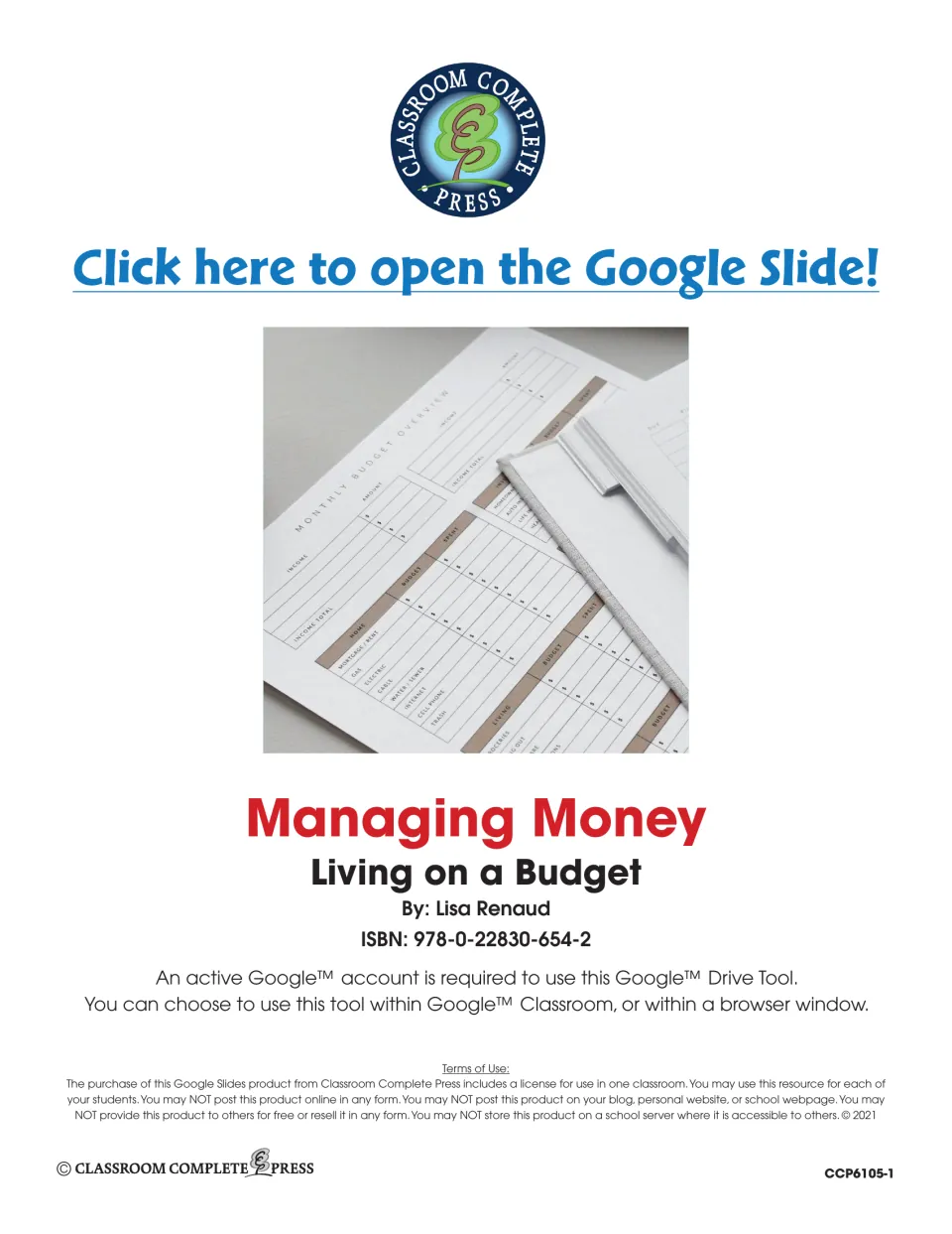 Managing Money title page by Lisa Renaud with a link to open the Google Slide and terms of use for one classroom