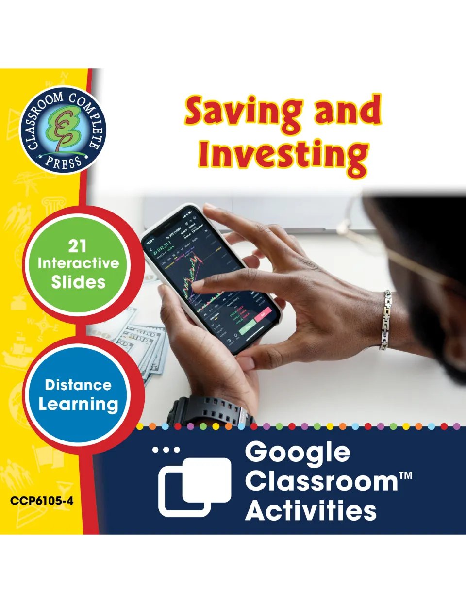 Saving and Investing cover: 21 interactive slides for Google Classroom, shown with hands viewing a stock chart on a phone