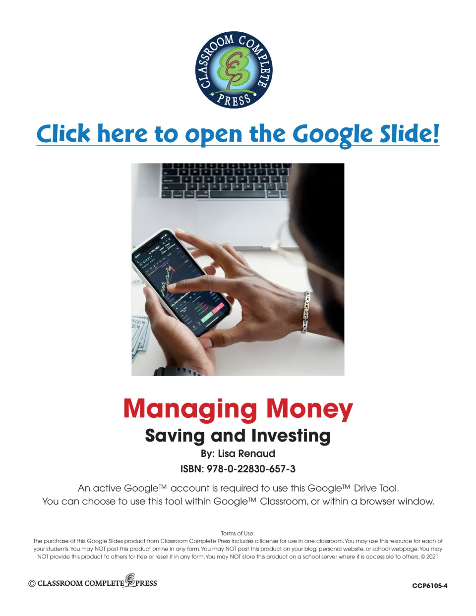 Managing Money: Saving and Investing title page by Lisa Renaud with a link to open the Google Slide and license terms