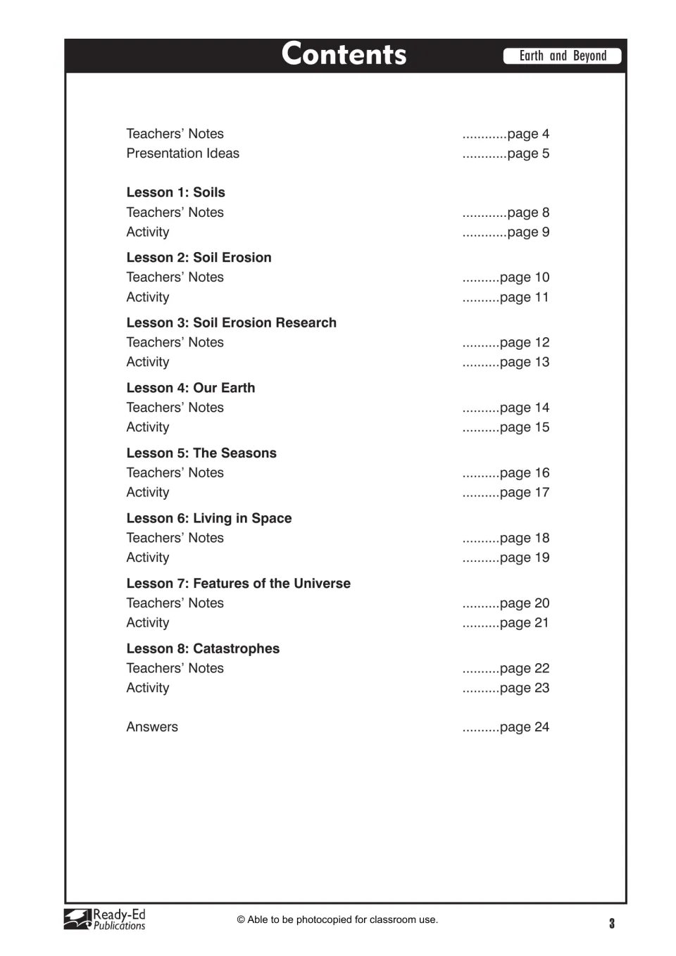 Contents listing eight science lessons, paired teacher notes and activities, and answers on page 24