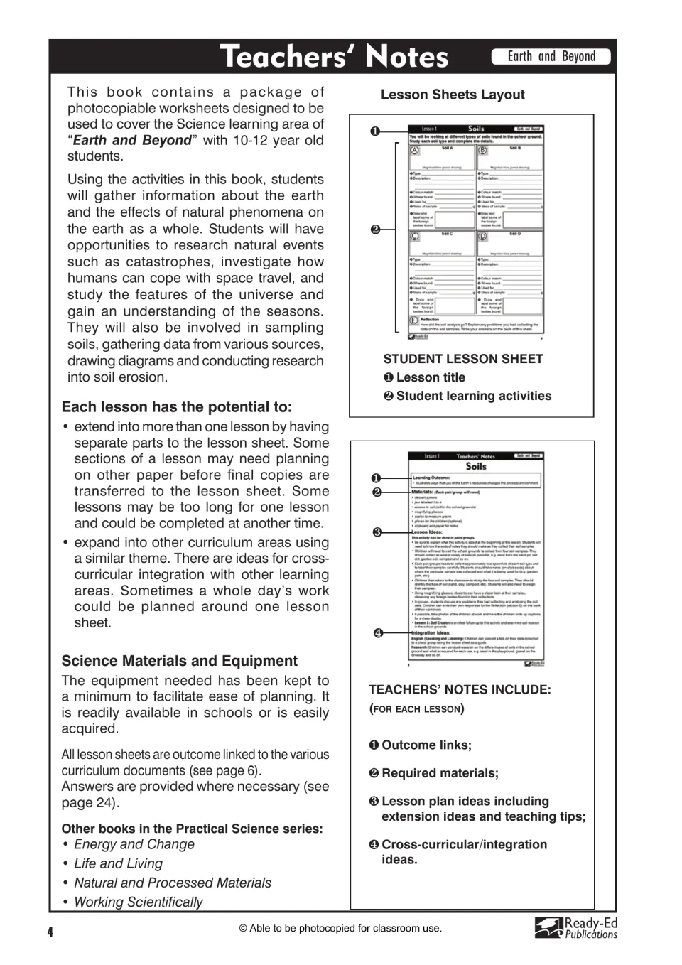 Teacher introduction explaining science investigations, lesson extensions, materials, and lesson sheet features