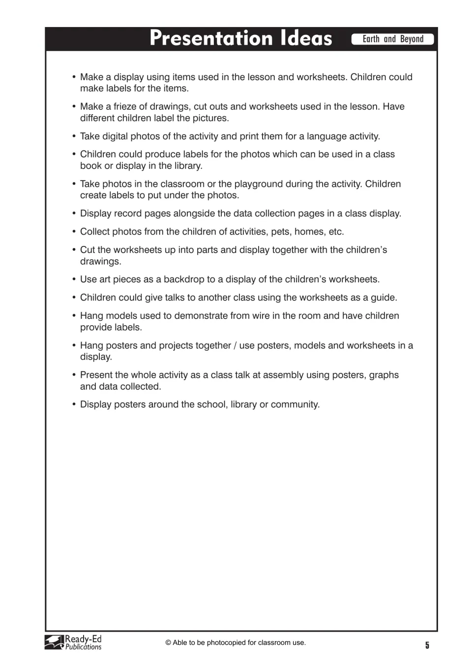 Presentation ideas for science work, including labeled photos, classroom displays, models, and student talks