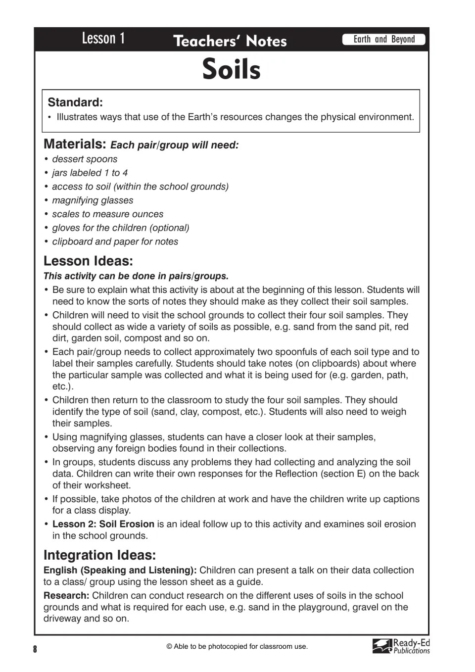 Lesson 1 teacher notes for collecting four soil samples, weighing them, and examining them with magnifying glasses