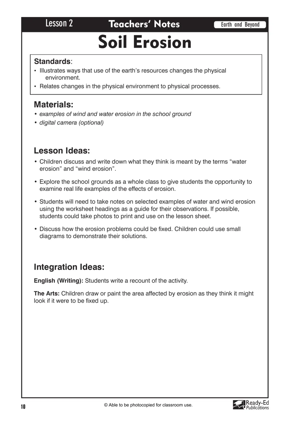 Lesson 2 teacher notes for observing wind and water erosion on school grounds and discussing possible solutions