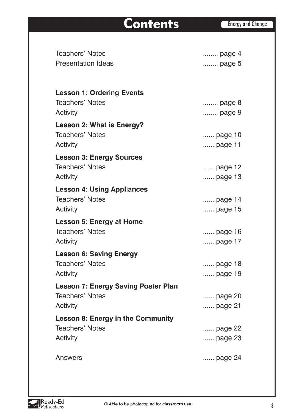 Contents listing the 8 lessons, Ordering Events to Energy in the Community, with teachers' notes and answers