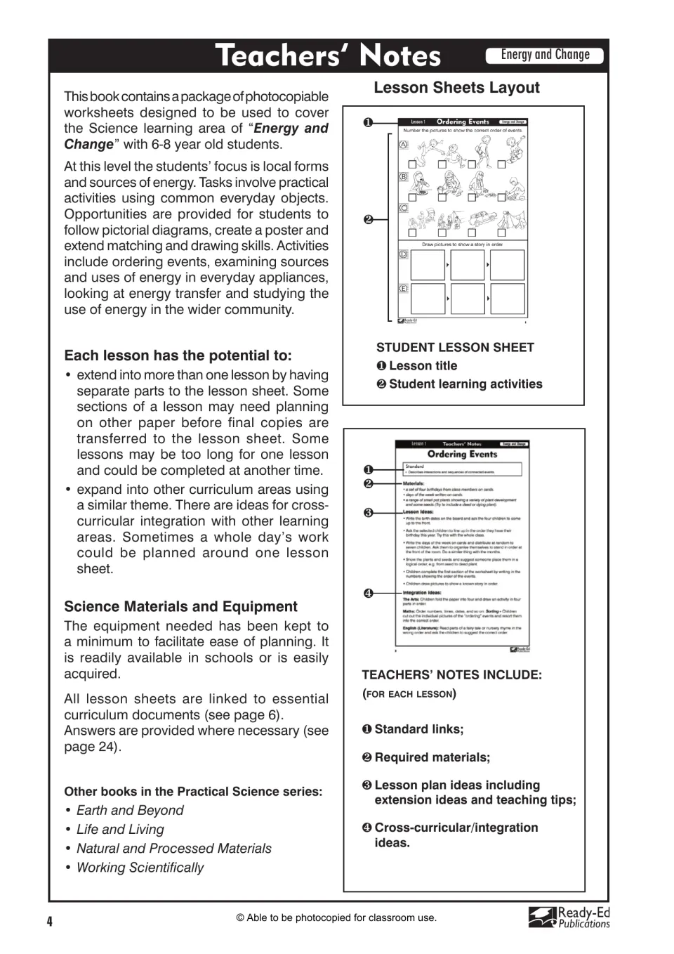 Introductory teachers' notes on the energy unit, explaining the lesson sheet layout and each lesson's notes