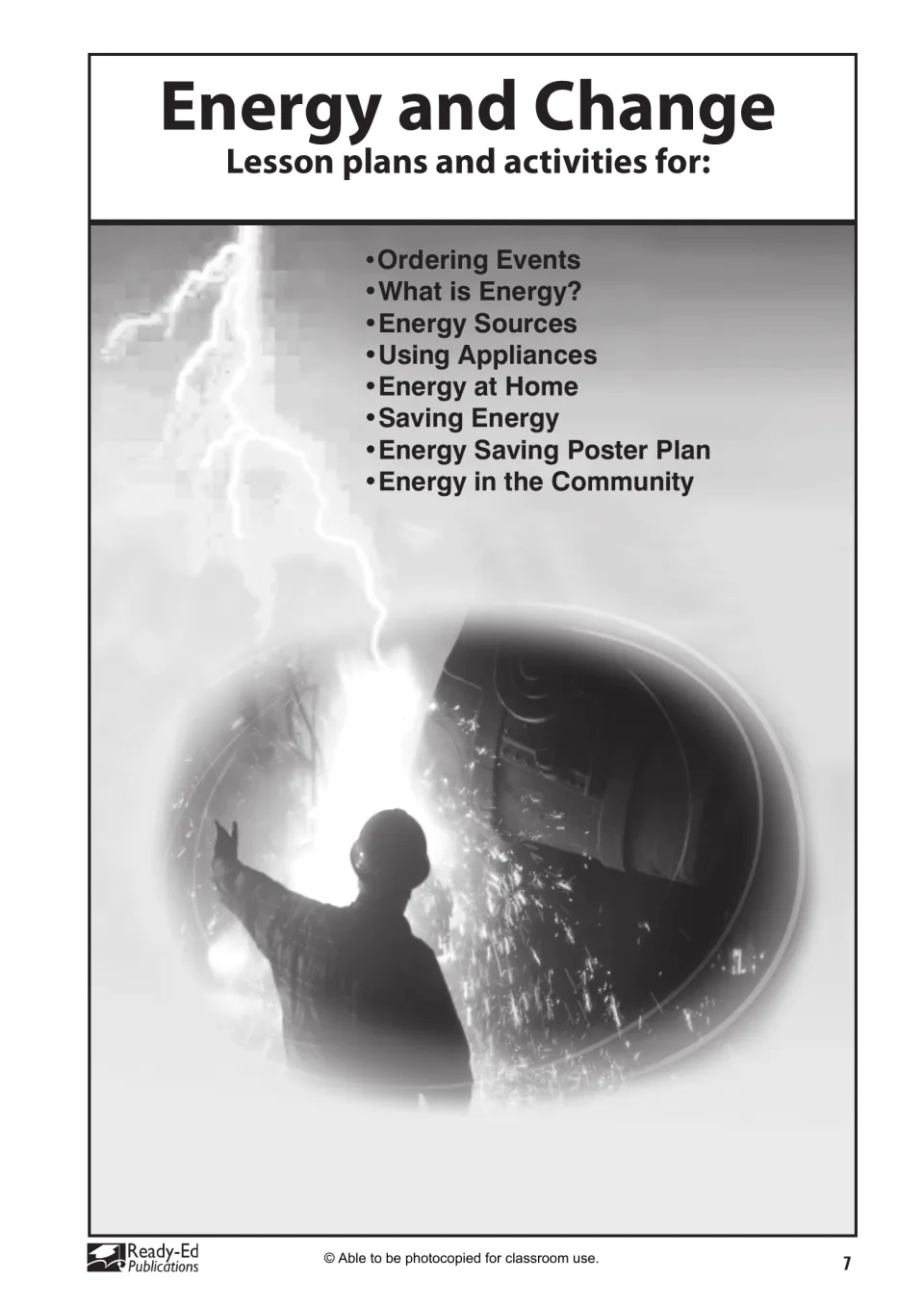 Title page listing the 8 lesson topics: Ordering Events, What is Energy?, Energy Sources and five more