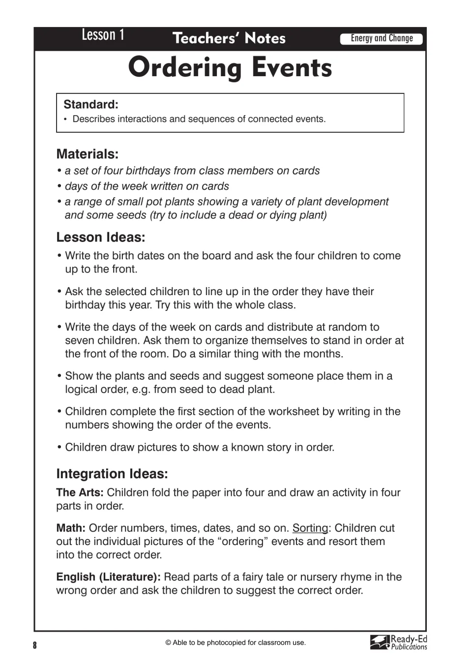 Lesson 1 teachers' notes, Ordering Events: materials like birthday and weekday cards, lesson and integration ideas
