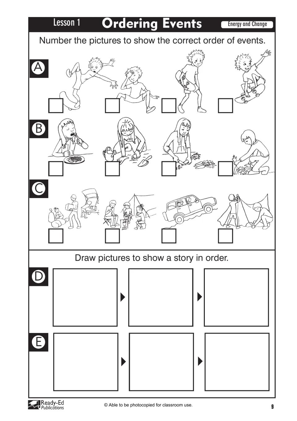 Lesson 1 activity: number pictures to order events (skateboarding, gardening, camping), then draw stories in order