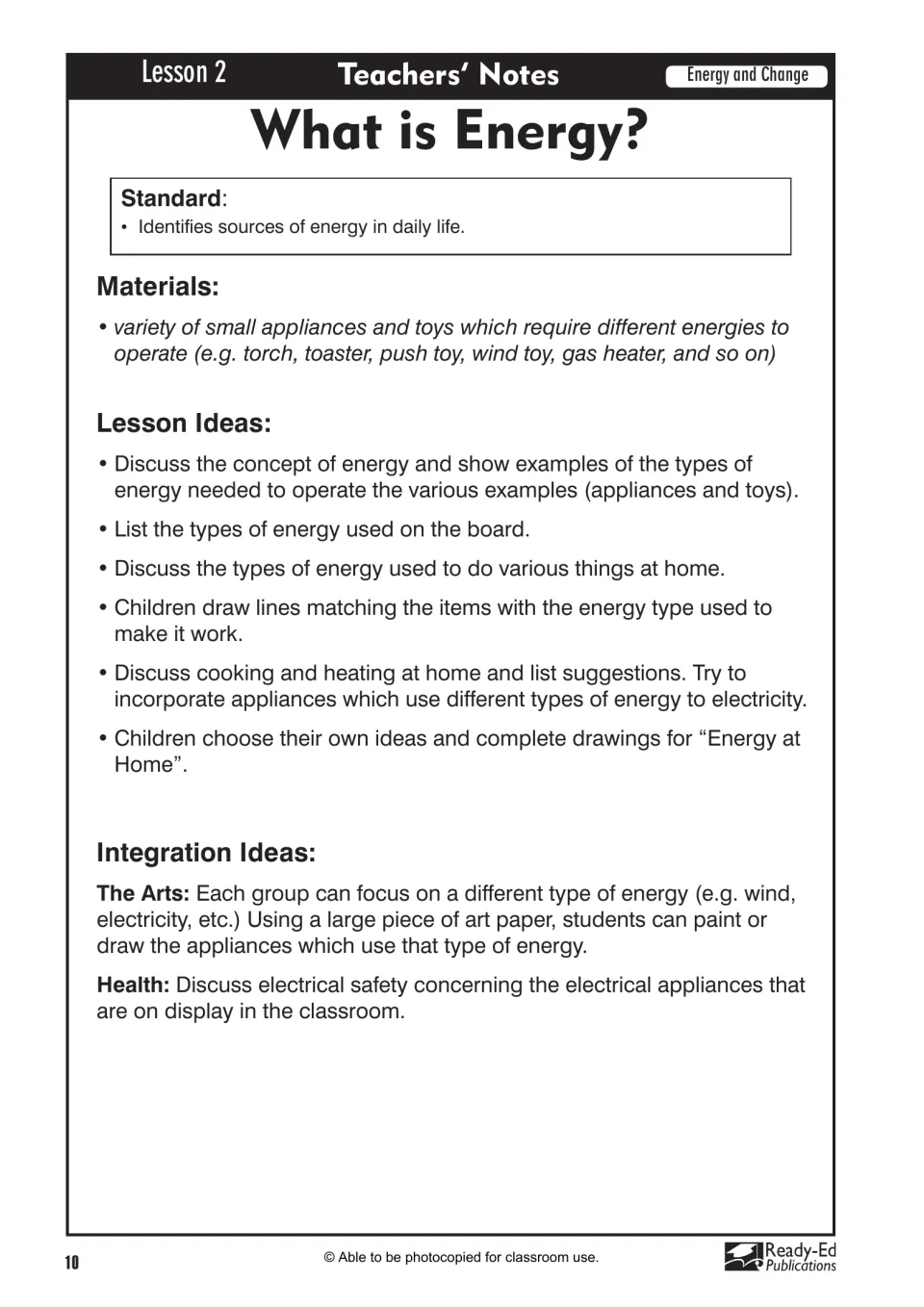 Lesson 2 teachers' notes, What is Energy?: appliances and toys to gather, lesson ideas and integration ideas