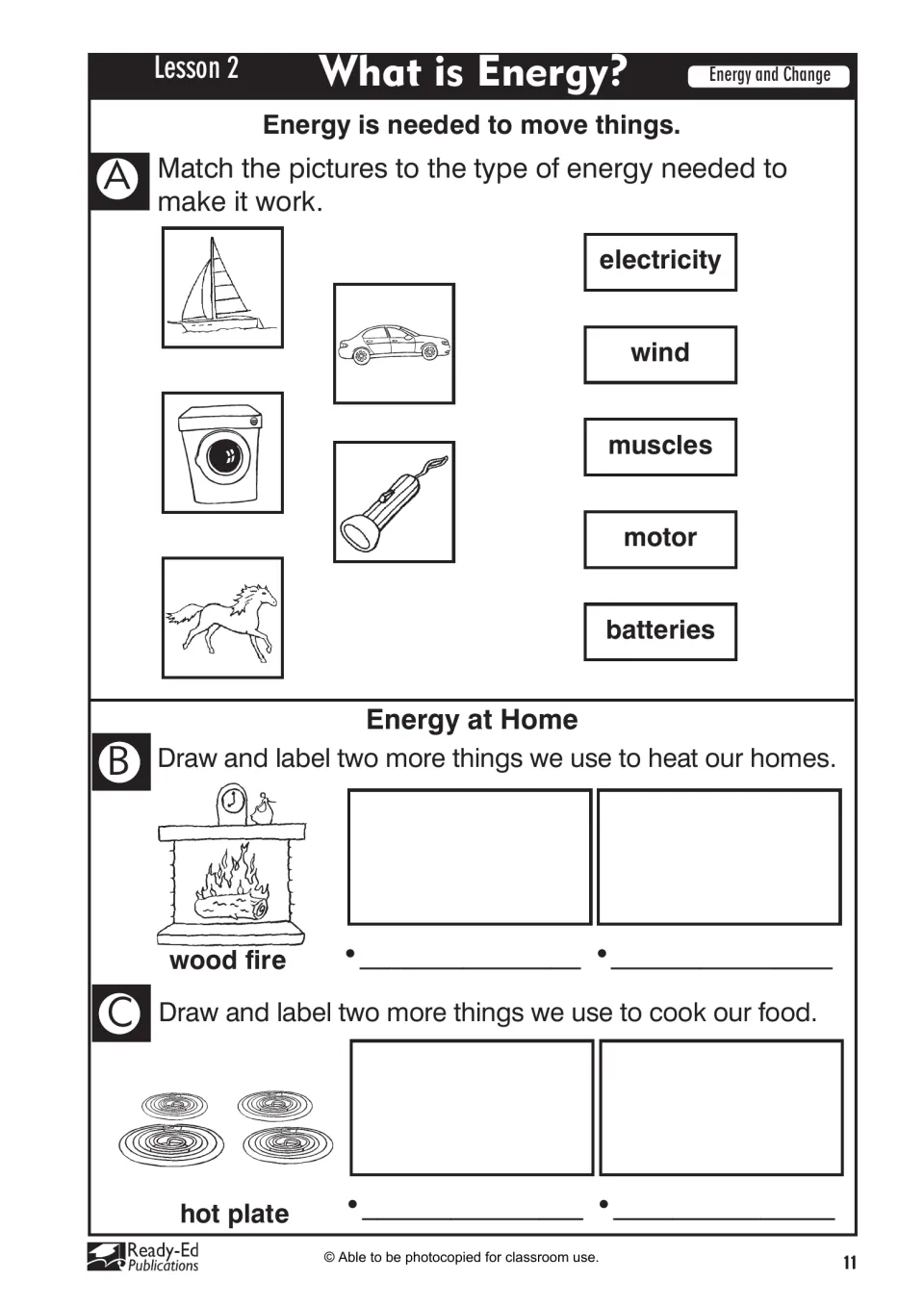Lesson 2 activity: match a sailboat, car, horse and more to energy types, then draw ways to heat homes and cook