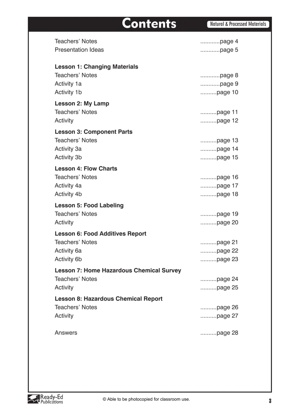 Contents page listing the 8 lessons, from Changing Materials to Hazardous Chemical Report, and answers on page 28