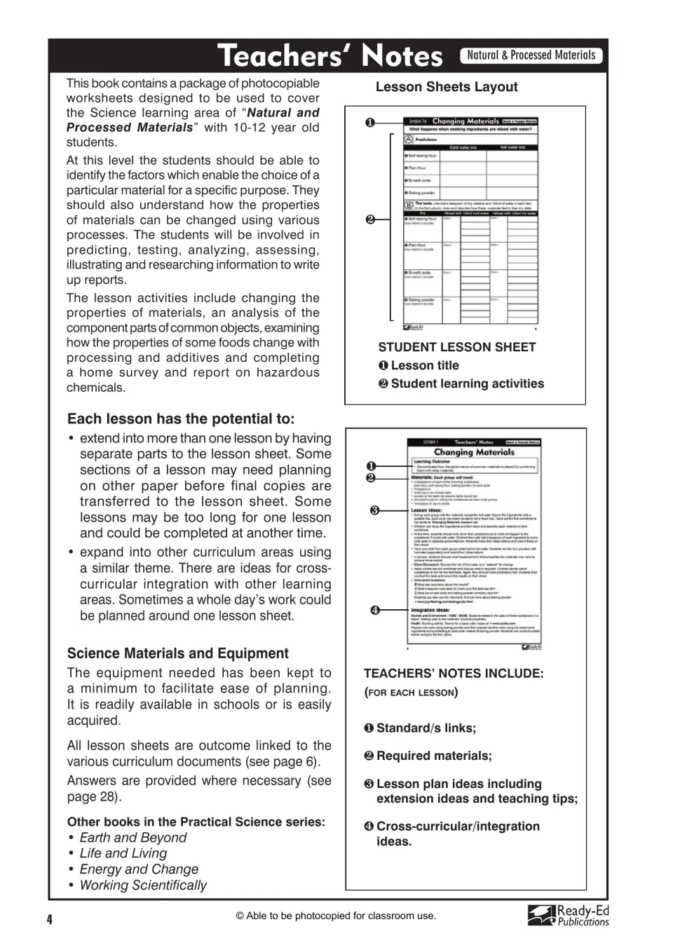 Teachers' Notes overview: book aims, lesson extension, equipment, and a guide to the lesson sheet and notes layout