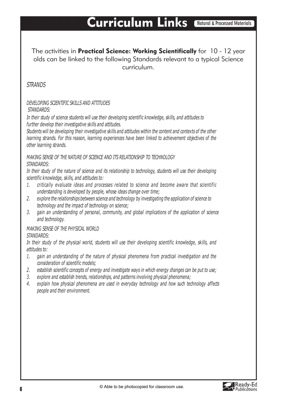Curriculum Links page listing science strands and standards, including Making Sense of the Physical World
