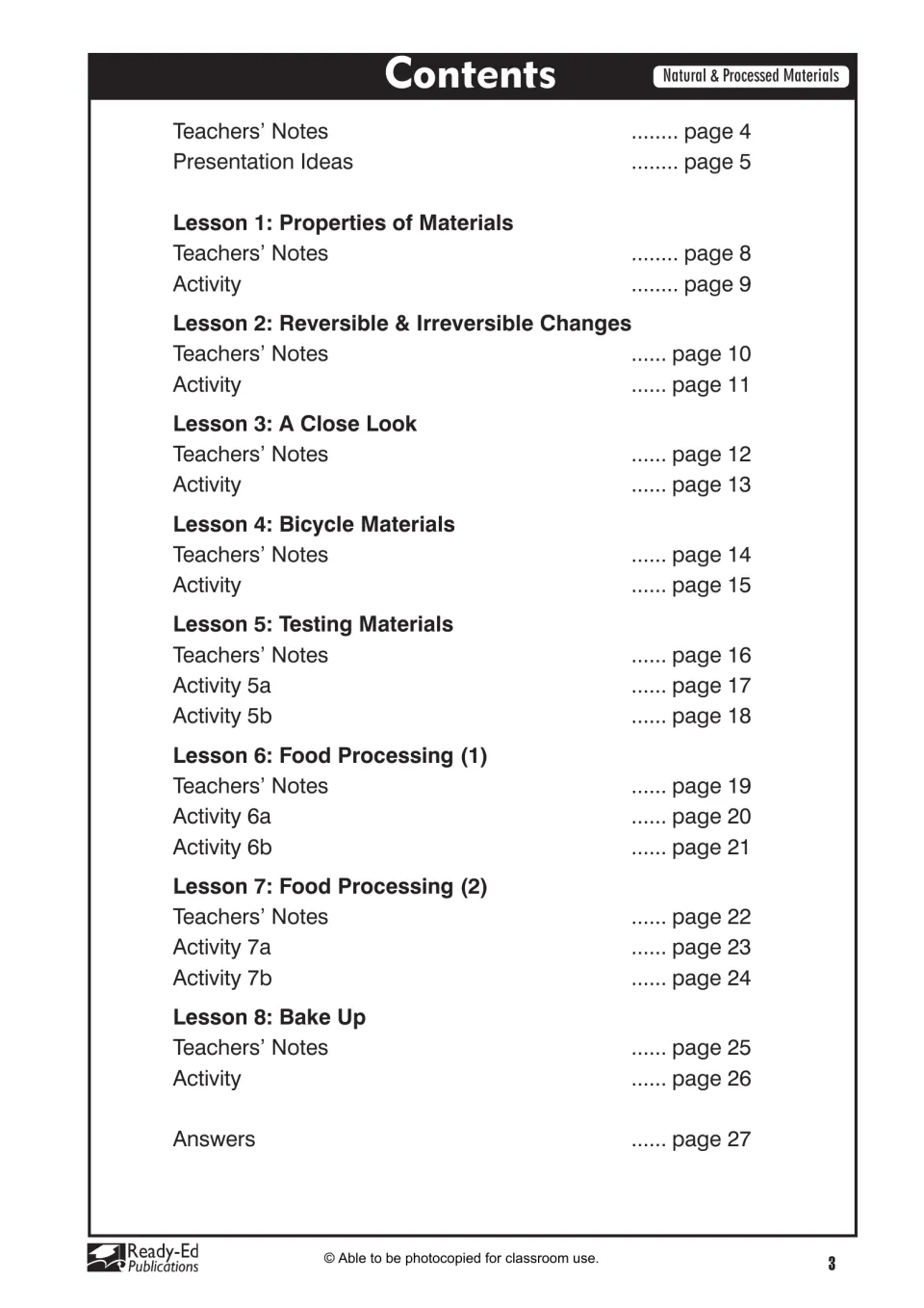 Contents lists eight science lessons, their teacher notes and activity pages, plus introductory notes and answers
