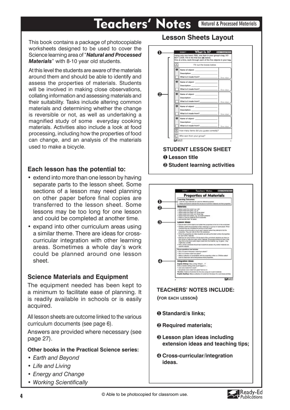 Teacher introduction explains material investigations, lesson extensions, equipment, and student activity sheets