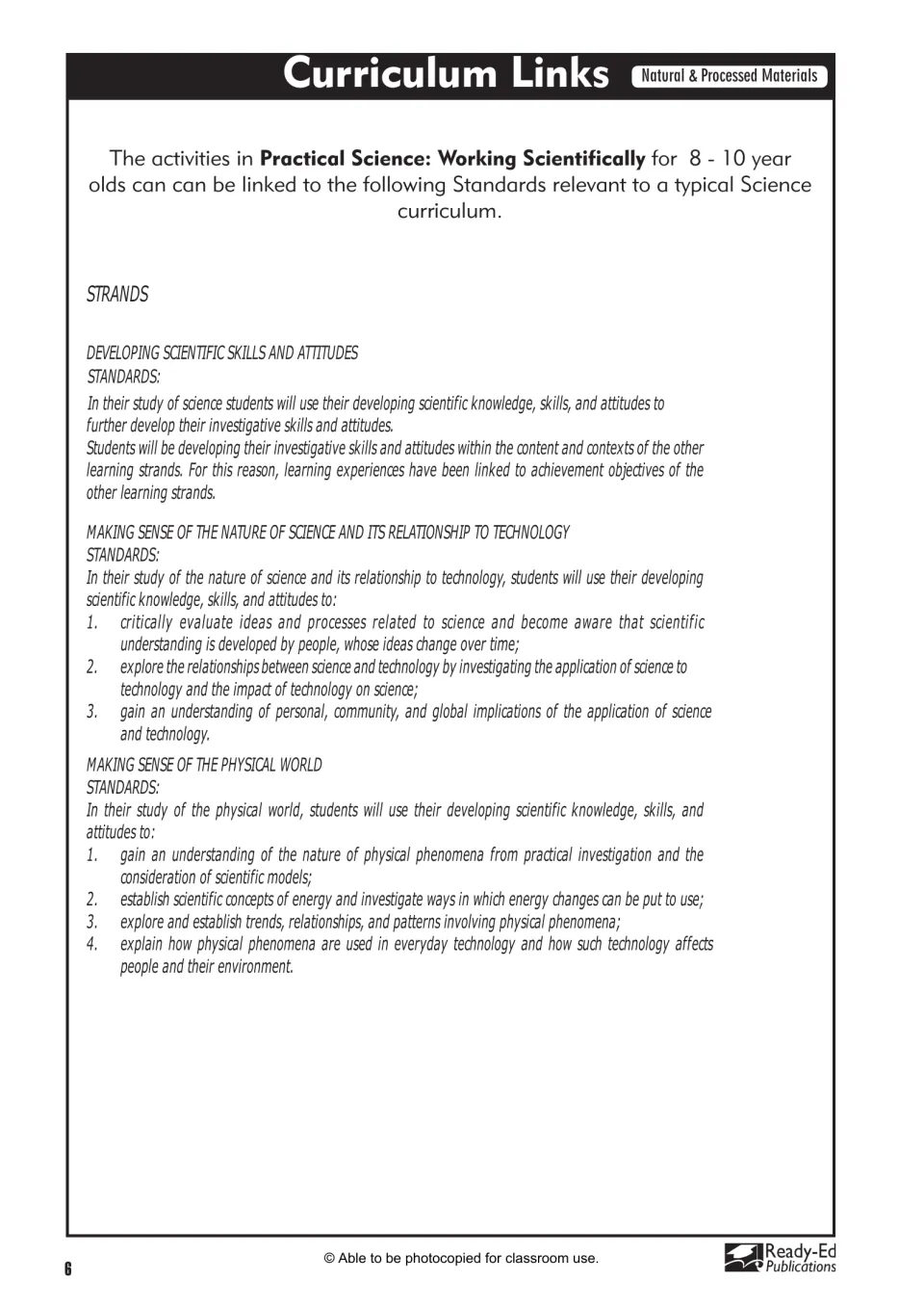 Curriculum links page lists scientific investigation skills, science and technology relationships, and physical science
