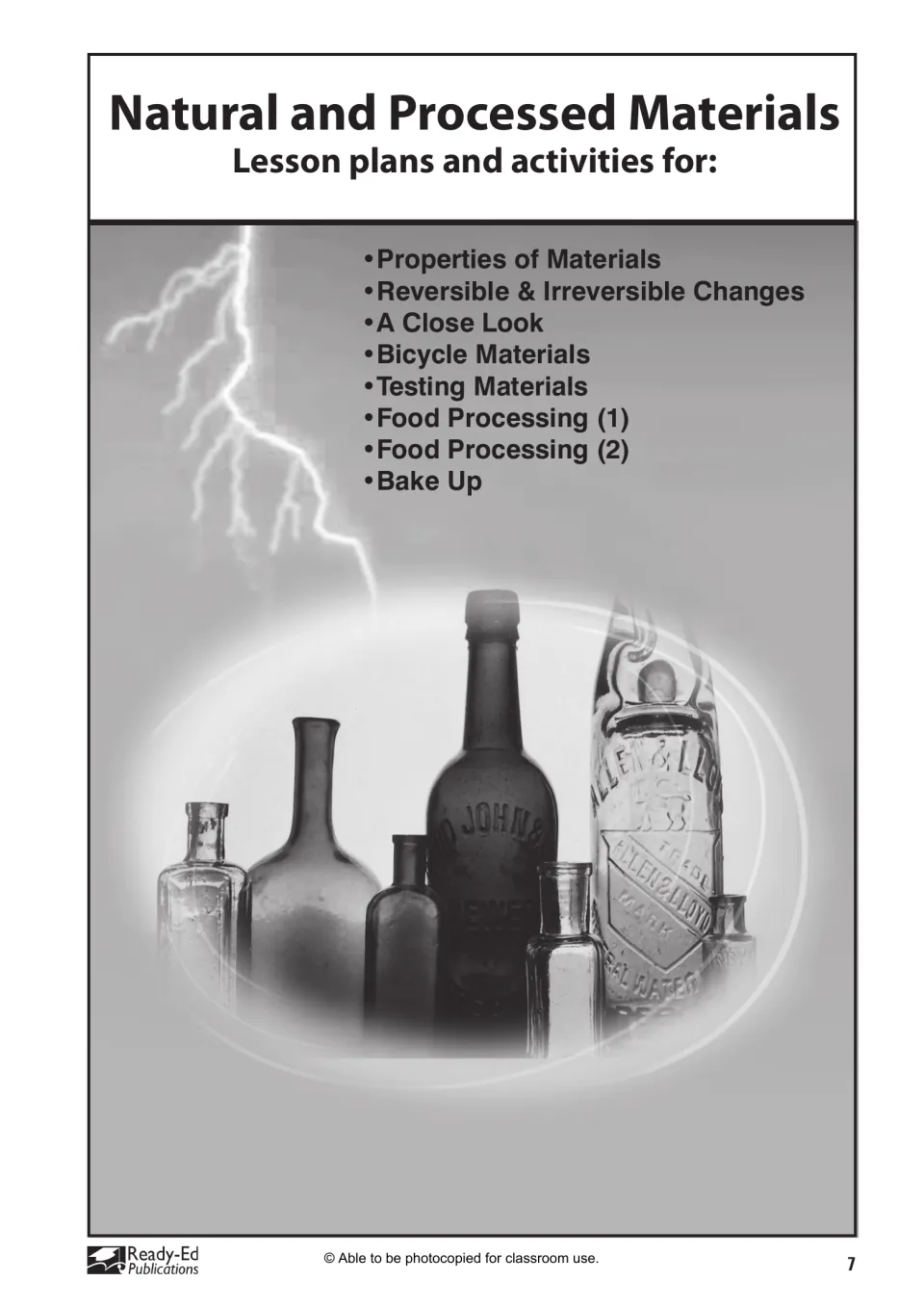 Lesson overview lists material properties, reversible changes, bicycle materials, testing, and food processing