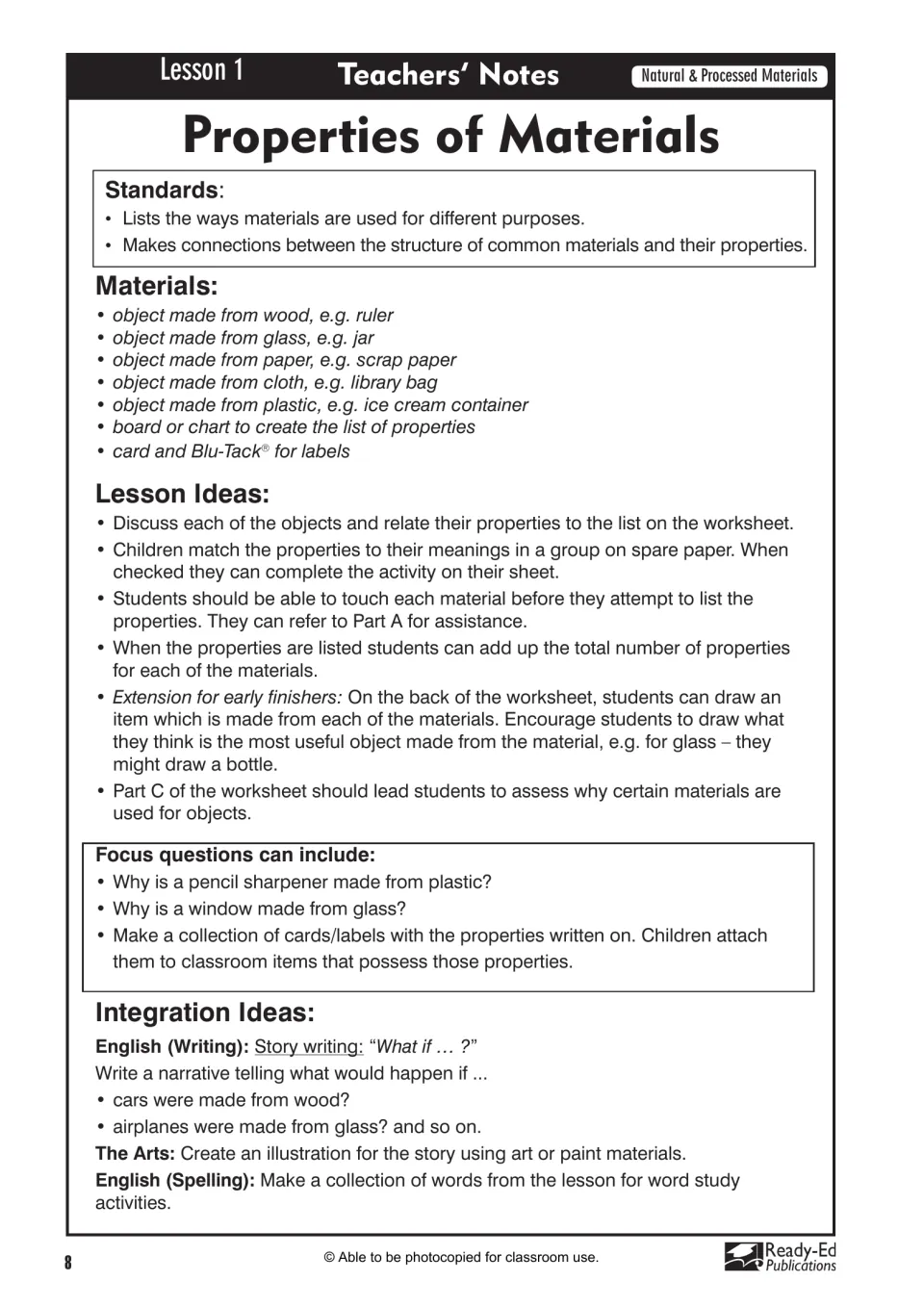 Lesson 1 teacher notes cover material properties, required objects, focus questions, and writing and art extensions
