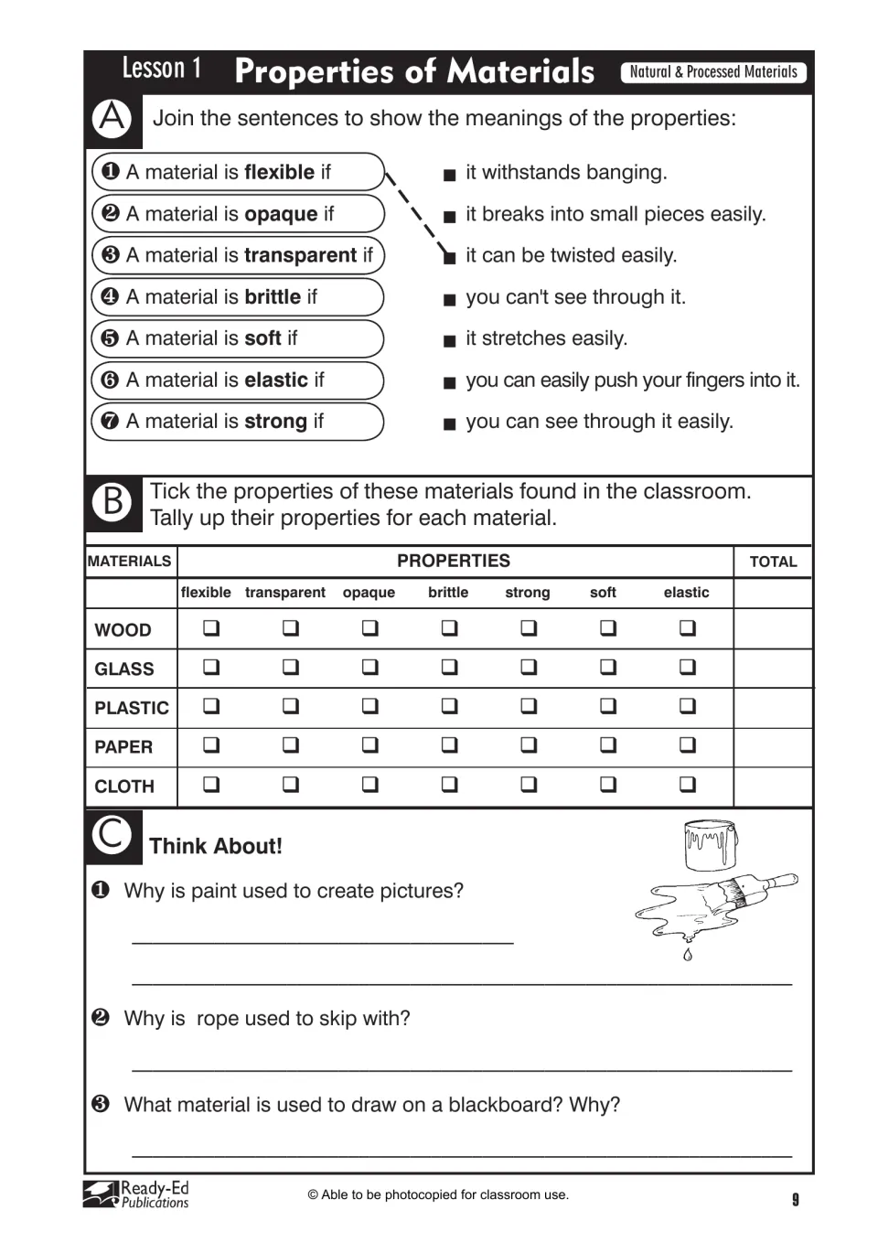 Lesson 1 activity asks students to match seven property terms, assess five materials, and explain material uses