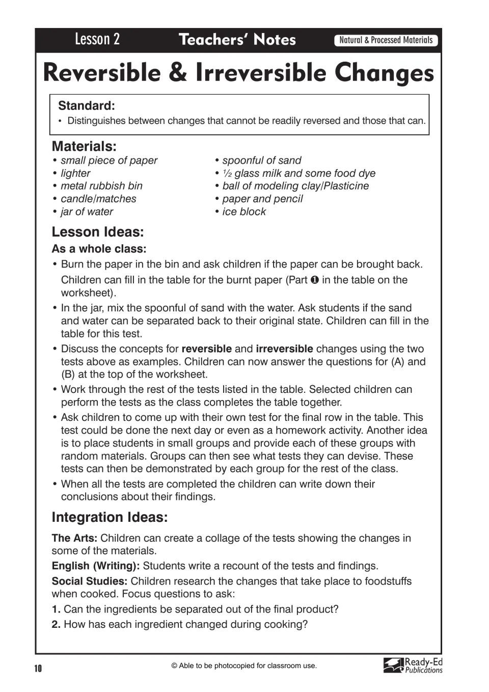 Lesson 2 teacher notes guide reversible and irreversible change tests using paper, sand, milk, clay, and ice